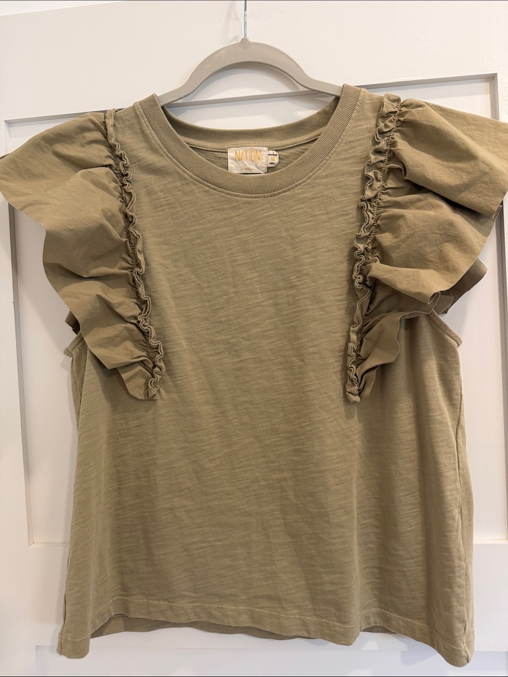 Nation LTD Anthropoligie Ruffle Sleeve Cotton Top Sage/Olive Green Size M